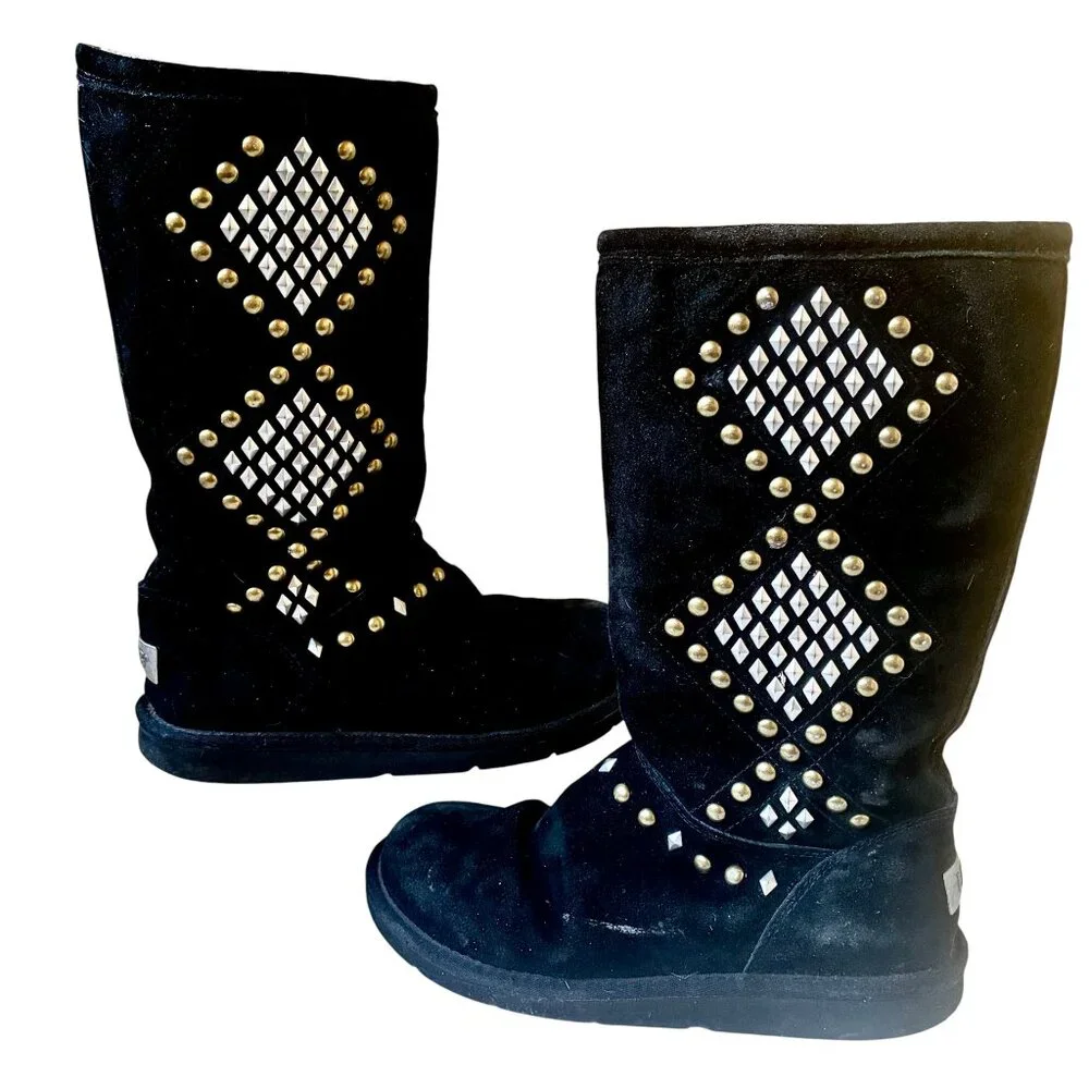 UGG Australia Avondale Black Suede Shearling Tall Boots Studs Side Zip Womens 10